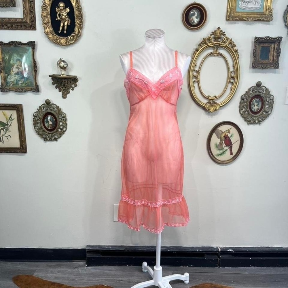 Vintage Y2K St Michael Sheer Coral Pink Lace Slip Dress